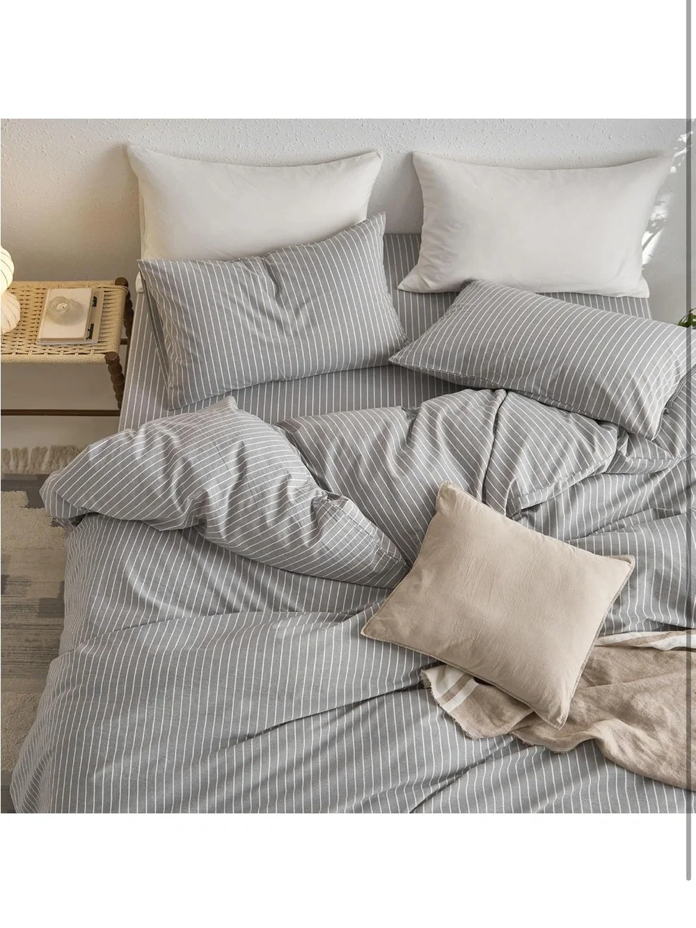 NEW MooMee Striped Duvet Cover Set 100% Washed Cotton Linen Like Texture. Grey